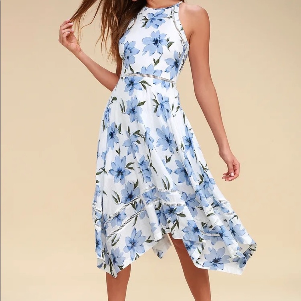Zahara Blue and White Floral Print Midi Dress